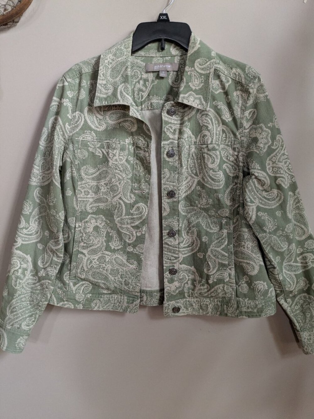 Croft & Barrow Paisley Denim Jacket Green Stretch Button Front Women's 12 #376